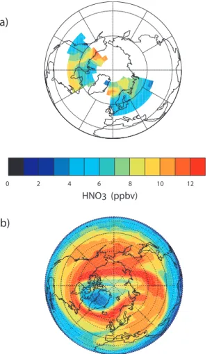 Fig. 8. Comparison of (a) composite MLS Version 5 observed HNO 3 at 68 hPa on 9–11 Febru- Febru-ary 2000 with (b) DLAPSE/SLIMCAT HNO 3 interpolated to 68 hPa and degraded to MLS  verti-cal resolution on 10 February 2000.