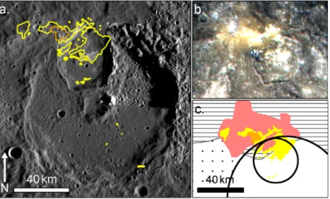Fig. 15. (a) Hollows (outlined in yellow) occur at the north-west edge of a Calorian age crater at 3.6°E, 25.6°N, around a pyroclastic pit (outlined in orange) and scattered towards the south
