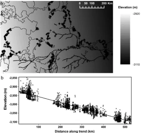 Fig. 17. A map to show the trend of the terraces minus the topography. Red lines represent channels and orange sinuous ridges