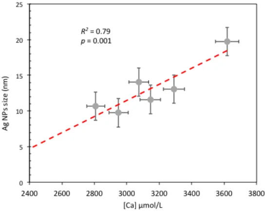 Figure 6. Size of Ag-NPs as function as the concentration of dissolved Ca2+ (< 0.22 µm) in water samples from the urban water-