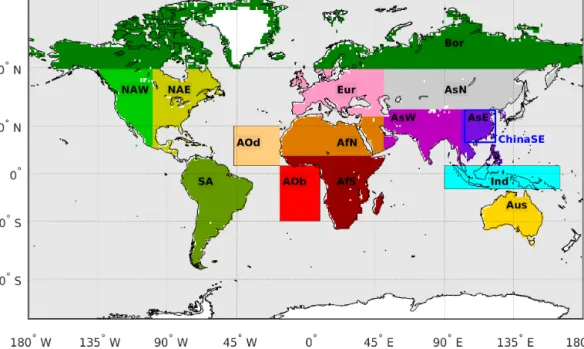 Figure 1. Fifteen land and ocean regions defined in this study: Europe (Eur), Boreal (Bor), northern Asia (AsN), eastern Asia (AsE), western Asia (AsW), Australia (Aus), northern Africa (AfN), southern Africa (AfS), South America (SA), eastern North Americ