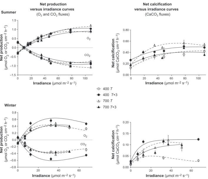 Figure 5. Net photosynthesis and calcification versus irradiance curves for Lithophyllum cabiochae in the four pCO 2 and temperature treatments (400 T, 400 T + 3, 700 T, and 700 T + 3) in summer and winter