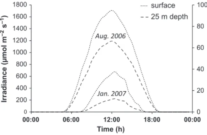 Figure 3. Evolution of daily mean irradiance at the surface (left axis) and at 25 m depth (right axis) in summer (August 2006) and winter (January 2007) in the Bay of Villefranche.