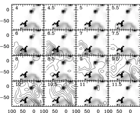 Fig. 3. Velocity-integrated intensity channel map of the SO 3 4 −2 3 emission in the HH 1–2 region (contours), superposed on the 5.0−8.5 µm emission map obtained with ISO