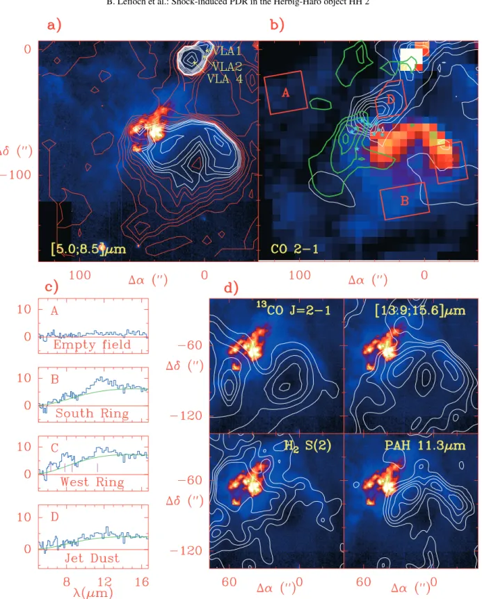 Fig. 8. a) Mid-infrared emission integrated between 5 and 8.5 µm superposed on an optical [S 2 ] image of HH 2 (Reipurth 1993)