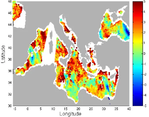 Fig. 3. Example of ˜ ε w observations (remotely sensed (QuikScat and SSM/I) – ECMWF wind speed in m/s) during the period 1 January 2004 03:00 a.m.–09:00 a.m.