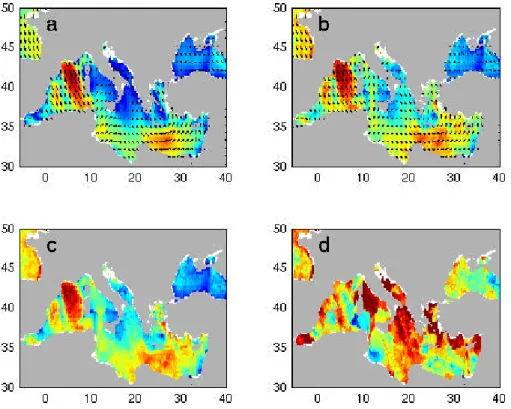 Figure 4  :  Example of blended method result obtained for 2 d  January 2004 12:00h: a)   ECMWF surface wind analysis; b) blended wind product; c) remotely sensed wind  speed observations; d) remotely sensed minus ECMWF wind speeds