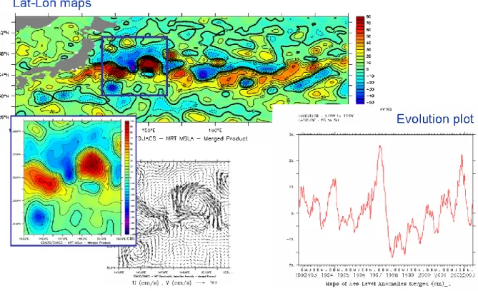 Fig. 2. Some plots made by Aviso Live Access Server. Statistical plots (average, variance), hovmoller (longitude-time) diagram are also possible, as well as comparison plots.