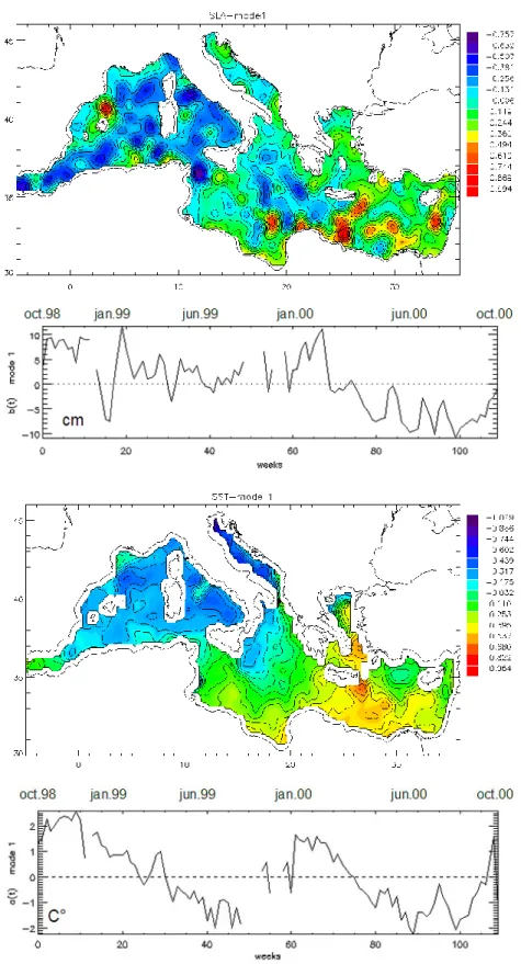 Fig. 5. First coupled mode of SLA and SSTA data collected during MFSPP after removing the spatial averages over the basin (“gradient CPA”)