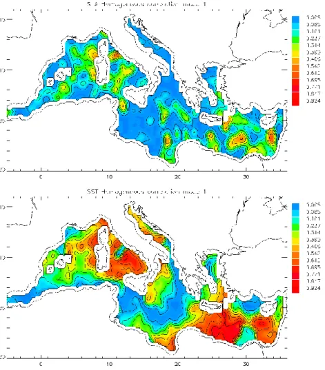 Fig. 6. SLA (a) and SSTA (b) homogeneous correlation maps relative to the first “gradient CPA” mode.
