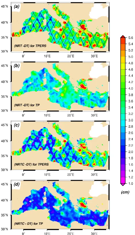 Fig. 1. Rms of the differences between NRT (near real time) and DT (delayed time) SLA maps