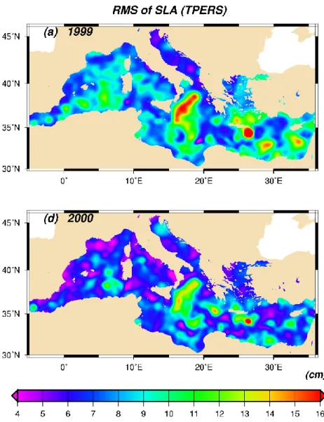 Fig. 2. RMS of SLA observed by T/P and ERS. Units are in cm. (a) for 1999 year, (b) for 2000 year.