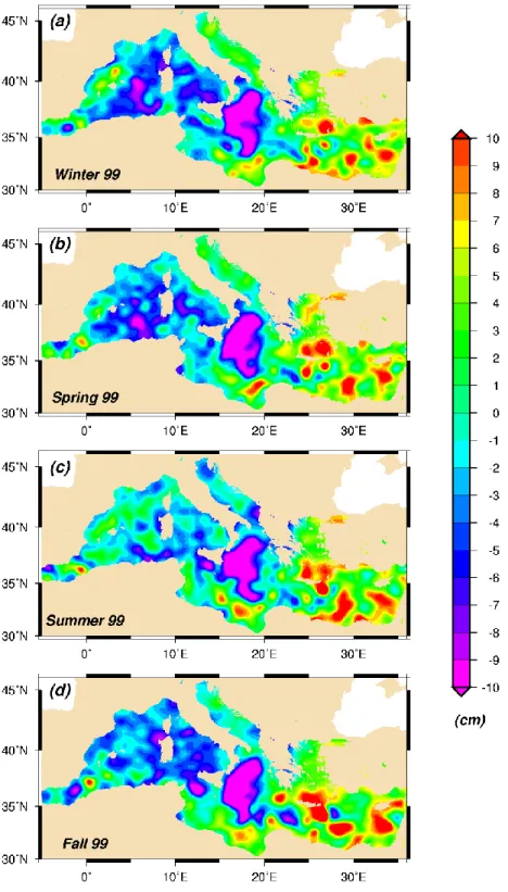 Fig. 3a. SLA seasonal means deduced from combined maps of T/P and ERS. Units are in cm