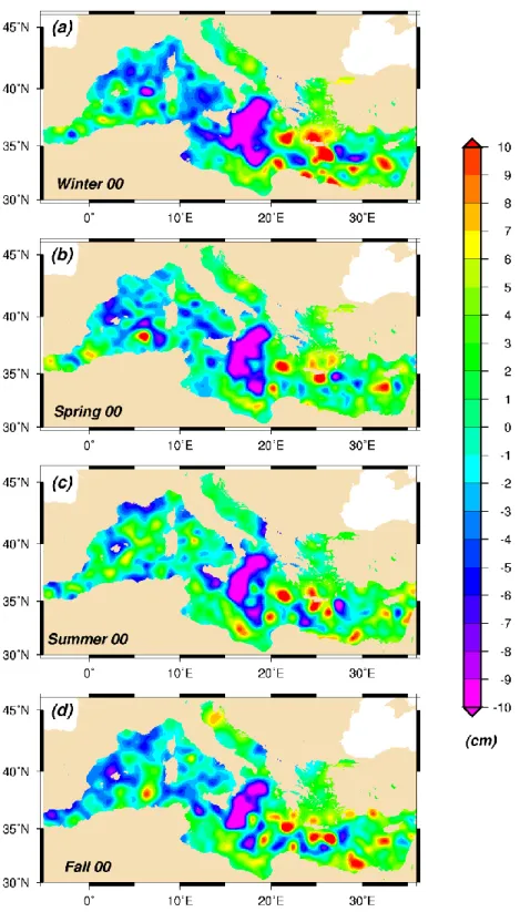 Fig. 3b. SLA seasonal means deduced from combined maps of T/P and ERS. Units are in cm