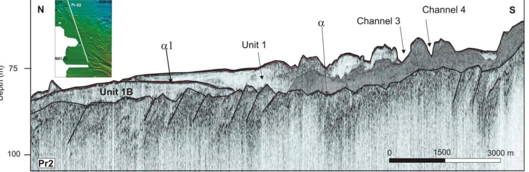 Figure 5. (b) Seismic section Pr-2 across channels 3 and 4 where Unit 1B does not exist