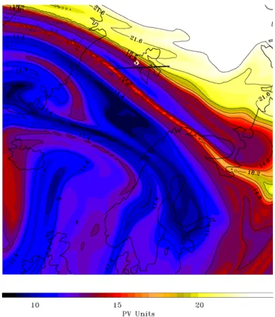 Figure 4: Geographical distribution of modified potential vorticity (MPV) on 11 February  2003, at 06 UTC, simulated by MIMOSA