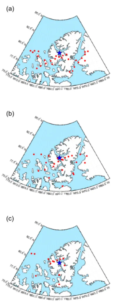 Fig. 2. Location of ACE occultations at 30 km altitude within 500 km of PEARL in February and March (a) 2004, (b) 2005, and (c) 2006