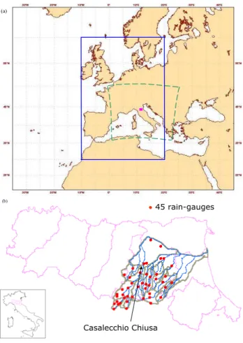 Fig. 1. (a) The domain area for the analogue search (blue line), the integration domain of LAMBO (dashed green line) and the  ge-ographic localisation of the Reno river basin (fuchsia rectangle) in northern Italy