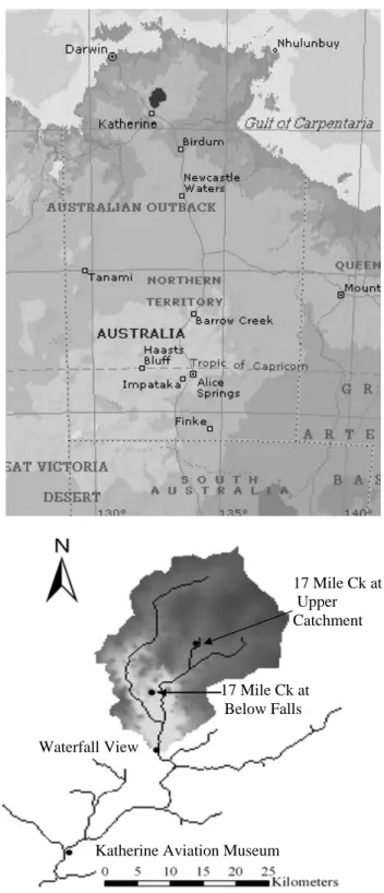 Fig. 1. (a) Location of study area in northern Australia. (b) Seven- Seven-teen Mile Creek catchment and the locations of gauging stations.