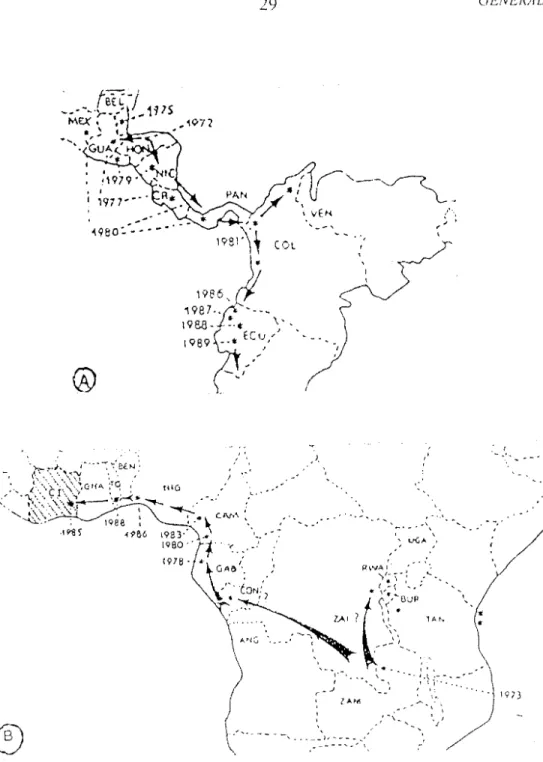 Figure  5:  Distribution  de  la  cercosporiose  noire  (FULLERTON  et  MOURICHON,  1990  A- En  Amérique  latine  B- En  Afrique  