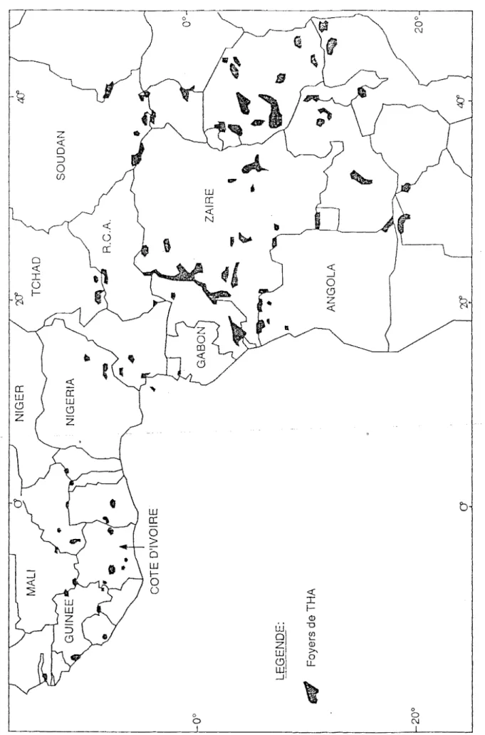 Figure  1  :  Distribution  des  principaux  foyers  de  la  trypanosomiase  humaine africaine  (Source  : OMS  1993  CTD/MIP!WP/93, 9)