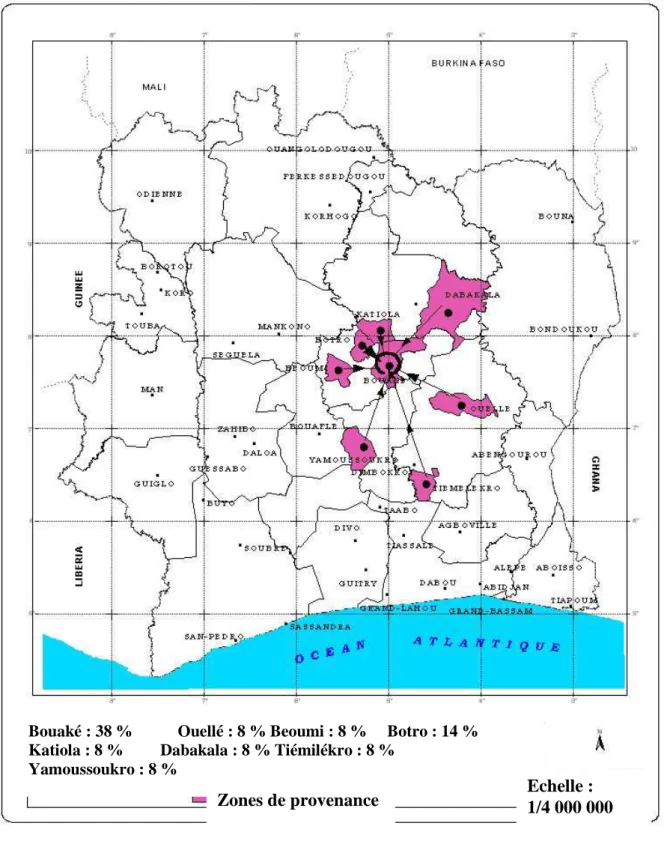 Figure 16 : Zones de provenances du gombo de type Tomi en période d’abondance, de juillet                      à décembre 