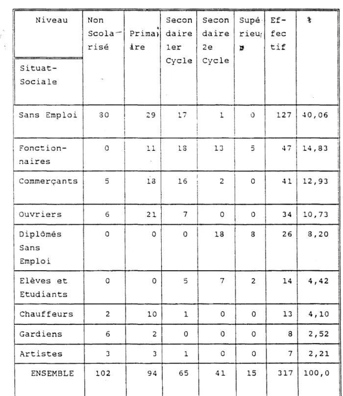 TABLEAU  V:  REPARTITION  DES  DROGUES  SELON  LEUR  NIVEAU  D'INSTRUCTION  ET  LEUR  SITUATION  SOCIALE 