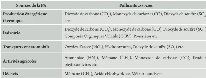Tableau 2.1: Principales sources de la PA et les polluants associés