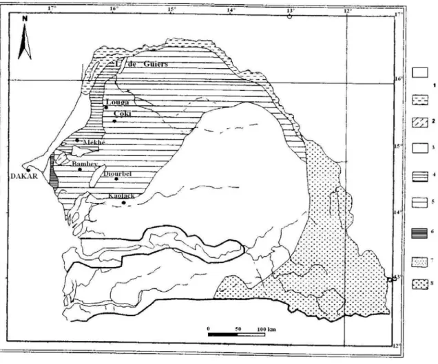Figure 4 : Carte hydrogéologique schématique du Sénégal (Travi, 1988) 