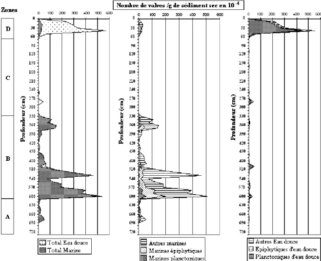 Figure 8 : Evolution du nombre de valves /g de sédiment sec des groupes écologiques le long  de la carotte de Mbawane
