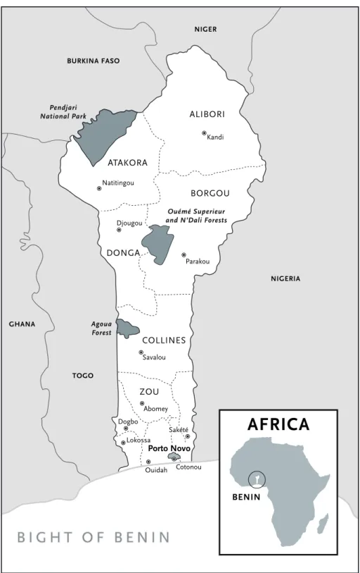 Figure 1.1: Study areas location TOGO NIGERIABURKINA FASONIGERCOLLINES ZOU BORGOUDONGAALIBORIATAKORAKandiParakou AbomeySavalouNatitingouDjougou CotonouDogboGHANA OuidahLokossa Sakété Porto NovoPendjari National ParkAgouaForest Ouémé Superieur and N’Dali Fo