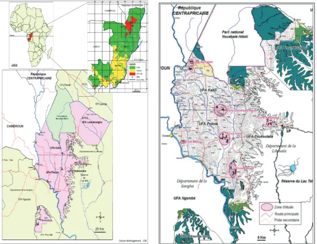 Figure 1 : Carte de situation des UFA-CIB Figure 2 : Répartition spatiale des placettes d’étude dans  la concession CIB (Cellule Aménagement – CIB)