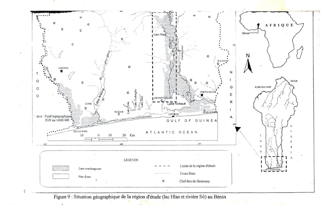 Figure 9 : Situation géographique de la région d'étude (lac Hlan et rivière SÔ)  au Bénin 