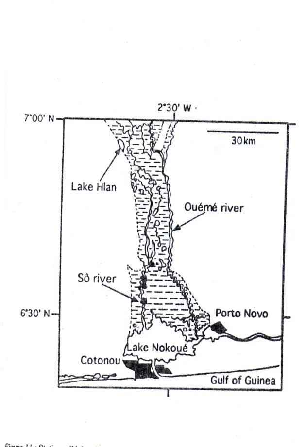 Figure  Il :  Stations d'échantillonnage (  •  ) de Heterotis niloticus au lac Hlan et à  la  rivière  sô