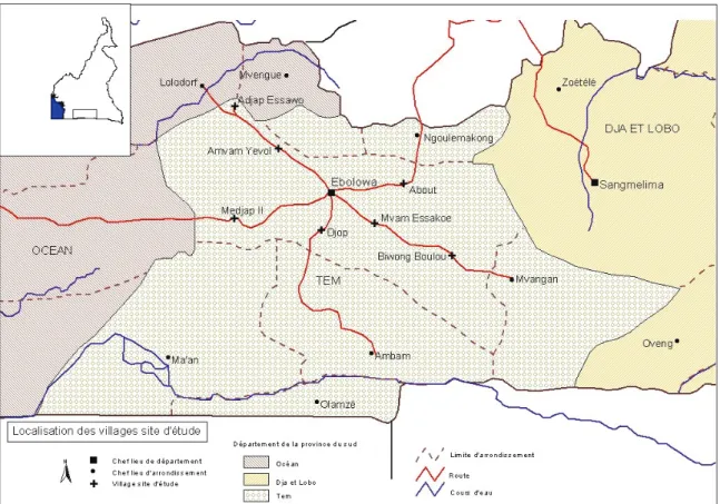 Figure 1. Localisation des sept terroirs d’étude par rapport à la ville d’Ebolowa