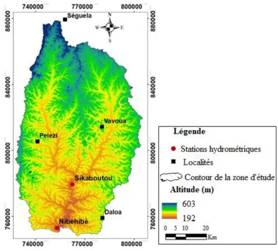 Figure 2 : Carte du relief de la zone d’étude du bassin versant de la Lobo à Nibéhibé  1.3