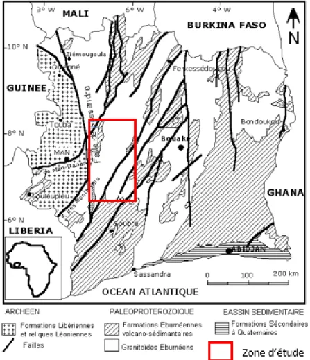 Figure 8 : Carte géologique simplifiée de la Côte d’Ivoire (Tagini, 1971)  1.7.1. Domaine archéen 