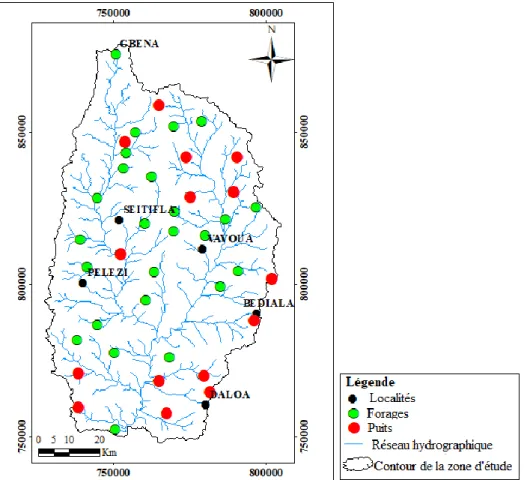 Figure 16 : Carte des points d’échantillonnage des eaux souterraines du bassin versant de la Lobo à  Nibéhibé