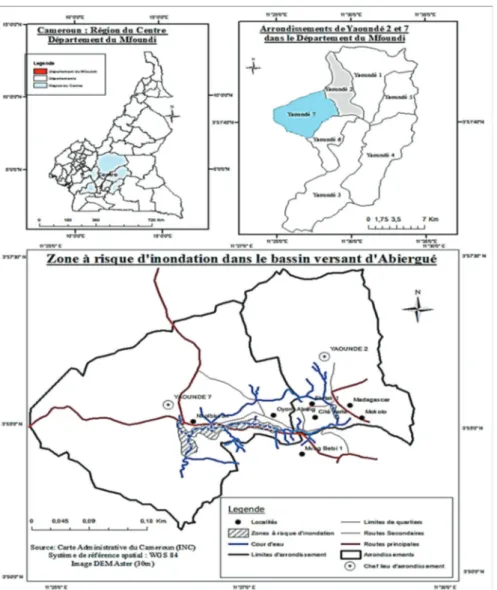 Figure 1 : Identification de la zone à risque d'inondation du versant de l'Abiergué dans les Arrondissements de  Yaoundé 2 et 7