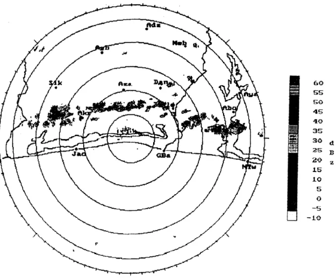 Figure 2-6 : Ligne de convection associée au front de brise de mer.  (Observation faite  le  08  novembre  1995  à  15hl 0  par le  radar RODIN d'Abidjan) 