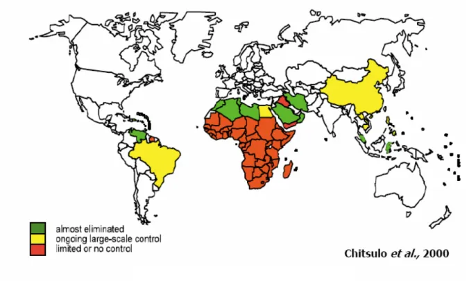 Figure 1: Répartition géographique de la schistosomiase dans le monde 