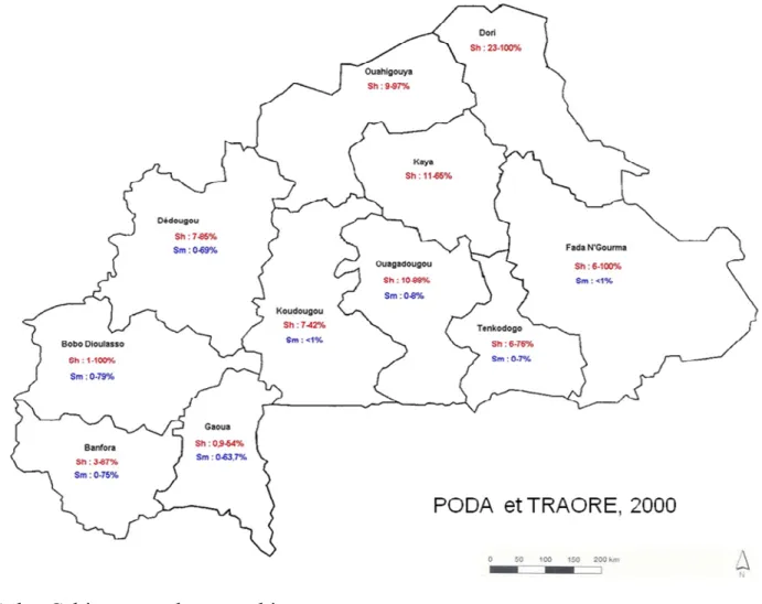 Figure 2: Répartition des schistosomes au Burkina Faso (PODA et TRAORE,  2000). 