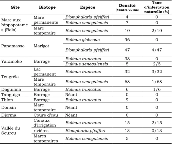 Tableau I : Espèce, densité et état d’infestation de mollusques  récoltés dans  différents biotopes des sites d’étude 