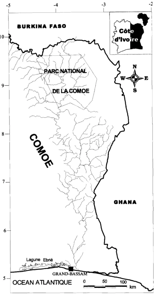 Figure 1: Situation géographique du bassin de la Comoé en Côte d'Ivoire.