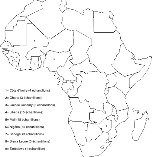 Figure II-1: Origines géographiques et nombre des accessions d’Oryza                      glaberrima évaluées pour leur résistance aux souches                       Africaines de Xanthomonas oryzae pv