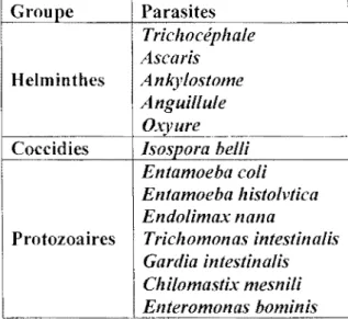 Tableau 1-1  : les  parasites intestinaux les  plus répandus au Congo [11] 
