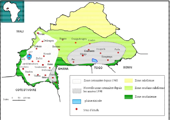 Figure 3: Sites d’étude de la résistance d’An. gambiae s.l. aux insecticides au Burkina Faso 