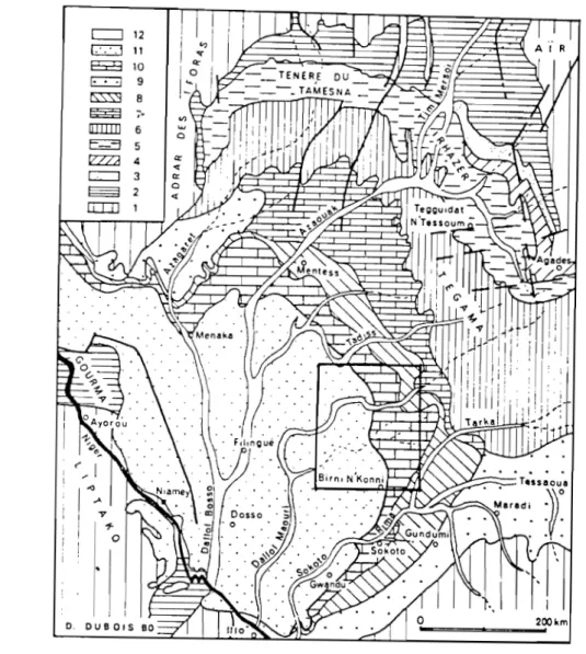 Fig.  4  Géologie  du  bassin  des  Iullemmeden  (d'après  Greigert  Pougnet,  1965,  et  Dubois,  1979)