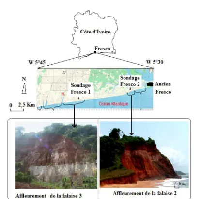 Figure 1. Situation géographique des sondages  Fresco  1 et  Fresco  2 ainsi que  les versants sud (côté mer)  des falaises  qui  supportent  ces  puits.
