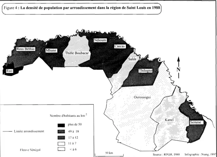 Figure 4: La densité de population par arrondissement dans la  région de Saint Louis en  1988 